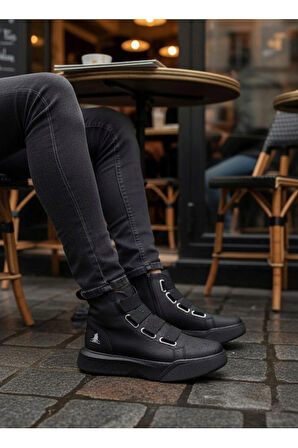 Tarzbu Bantlı Rahat Taban Siyah Yüksek Tabanlı Bağcıksız Erkek Bot Tarz0142