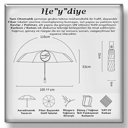 He”y”diye Tam Otomatik Vektör (UDF99+ Güneş / Yağmur)  Hafif Fiber İskeletli Şemsiye