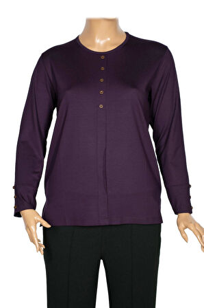 Cimariva Kadın Nüket Büyük Beden O Yaka Beş Süs Düğmeli Mürdüm Bluz