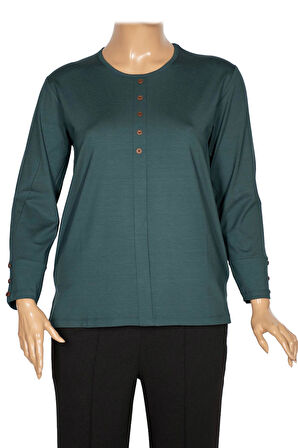 Cimariva Kadın Nüket Büyük Beden O Yaka Beş Süs Düğmeli Koyu Turkuaz Bluz