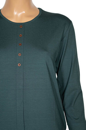 Cimariva Kadın Nüket Büyük Beden O Yaka Beş Süs Düğmeli Koyu Turkuaz Bluz