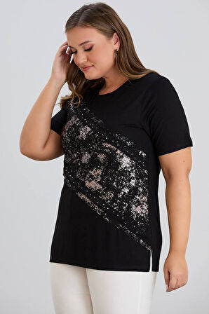 Wearon Kadın Julia Varak Baskılı Taşlı Penye Siyah Tişört