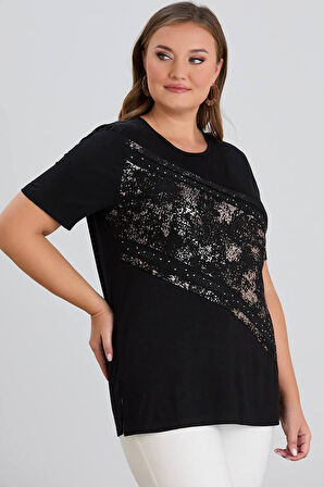 Wearon Kadın Julia Varak Baskılı Taşlı Penye Siyah Tişört