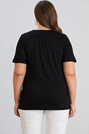 Wearon Kadın Julia Varak Baskılı Taşlı Penye Siyah Tişört