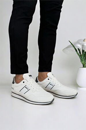 Erkek Cilt Bağcıklı Günlük Spor Ayakkabı  BEYAZ - FÜME