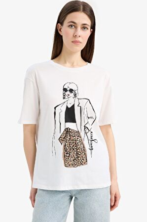 DeFacto Regular Fit Bisiklet Yaka Kız Baskılı Penye Kısa Kollu Tişört E5141AX25SMER105