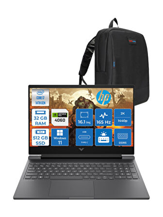 Hp Victus 16-R1088NT Intel Core I7-14700HX 32GB Ddr5 512GB SSD RTX4060 8gb Windows 11 Pro 16.1 Inç 2k Qhd 165Hz 3ms IPS Gaming Laptop B8SG7EAF09 + Zetta Çanta