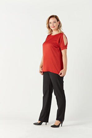 3235 Açık Omuz Detaylı Saten Büyük Beden Şık Bluz Tarçın