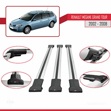 Renault Megane Grand Tour 2002-2008 Arası ile Uyumlu FLY Model Ara Atkı Tavan Barı Gri 3 Adet