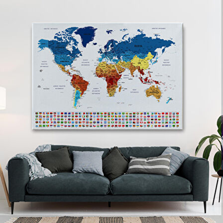 Harita Sepeti Türkçe Dünya Haritası Son Derece Ayrıntılı Eğitici ve Bayraklı Kanvas Tablo 3237