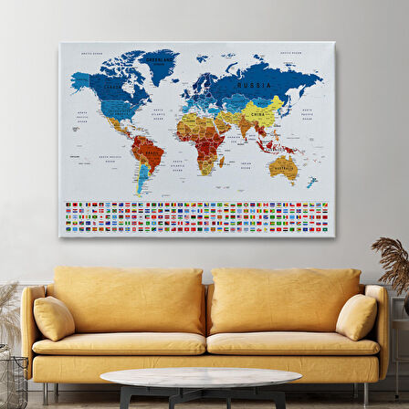 Harita Sepeti Dünya Haritası Son Derece Ayrıntılı Eğitici ve Bayraklı Dekoratif Kanvas Tablo 3238