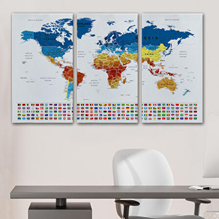 Harita Sepeti Dünya Haritası Son Derece Ayrıntılı Eğitici ve Bayraklı Dekoratif Kanvas Tablo 3238