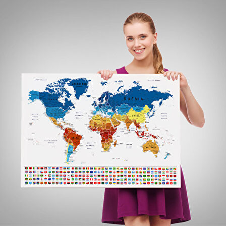 Harita Sepeti Dünya Haritası Son Derece Ayrıntılı Eğitici ve Bayraklı Dekoratif Kanvas Tablo 3238