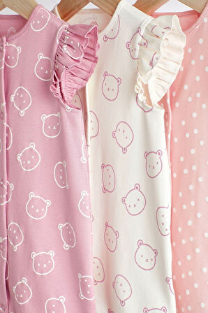 Next Baby % 100 Pamuklu Pembe Ayı Desenli 3’lü Romper Set
