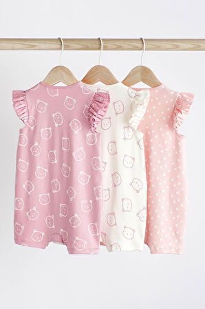 Next Baby % 100 Pamuklu Pembe Ayı Desenli 3’lü Romper Set