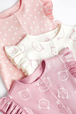 Next Baby % 100 Pamuklu Pembe Ayı Desenli 3’lü Romper Set