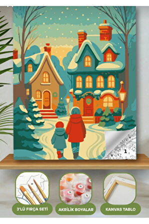 Sayılarla Boyama Seti 40x50 Cm (Çıtalı) Fırça Boya Dahil Numaralı Tuval Kar'lı Sokaklar