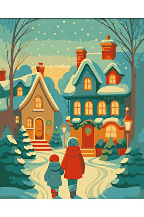 Sayılarla Boyama Seti 40x50 Cm (Çıtalı) Fırça Boya Dahil Numaralı Tuval Kar'lı Sokaklar