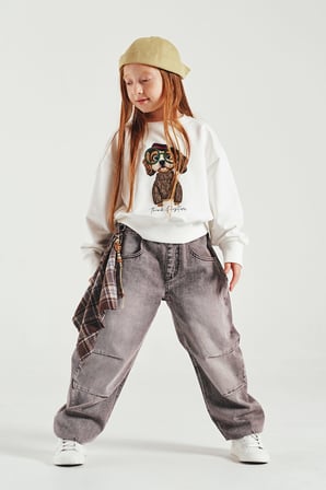 Loco Loco Ekru Nakışlı Fiyonk Detaylı Çocuk Sweatshirt