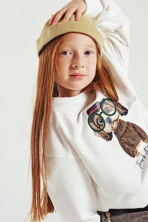 Loco Loco Ekru Nakışlı Fiyonk Detaylı Çocuk Sweatshirt