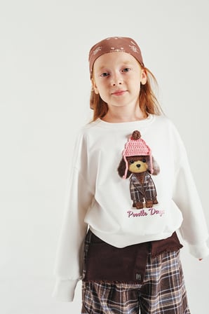 Loco Loco Ekru Bereli Köpek Baskılı Çocuk Sweatshirt