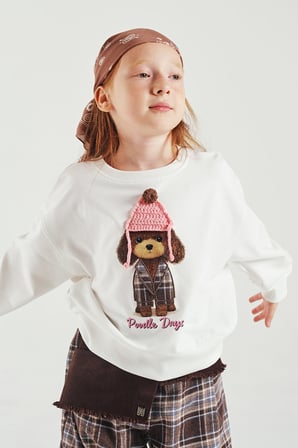 Loco Loco Ekru Bereli Köpek Baskılı Çocuk Sweatshirt