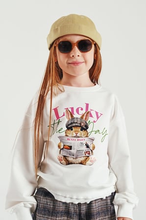 Loco Loco Ekru Tavşan Baskılı Ekose Çocuk Sweatshirt