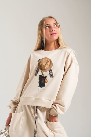 Loco Loco Bej Baskılı Şapka Aksesuarlı Çocuk Sweatshirt