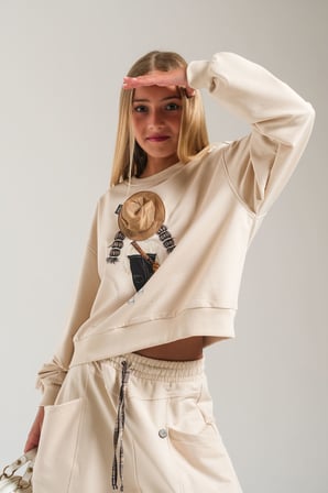 Loco Loco Bej Baskılı Şapka Aksesuarlı Çocuk Sweatshirt