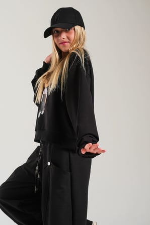 Loco Loco Siyah Baskılı Şapka Aksesuarlı Çocuk Sweatshirt