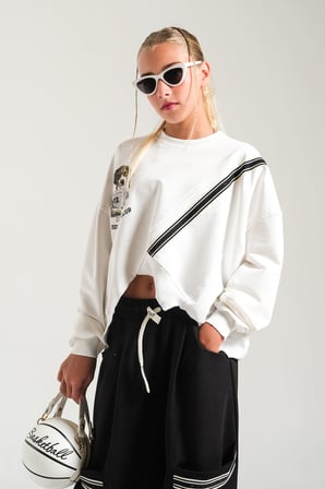 Loco Loco Ekru-Siyah Köpek Baskılı Şeritli Çocuk Sweatshirt