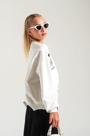 Loco Loco Ekru-Siyah Köpek Baskılı Şeritli Çocuk Sweatshirt