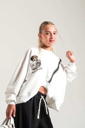 Loco Loco Ekru-Siyah Köpek Baskılı Şeritli Çocuk Sweatshirt