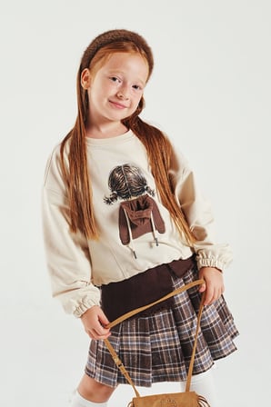 Loco Loco Kız Çocuk Baskılı Sweat Ekose Etek Takım