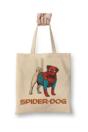 Spider Dog Pug Köpek Beyaz Bez Çanta Uzun Saplı Alışveriş Çantası Plaj Çantası
