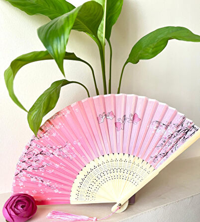 Yelpaze Pembe Beyaz  Bambu Kumaş