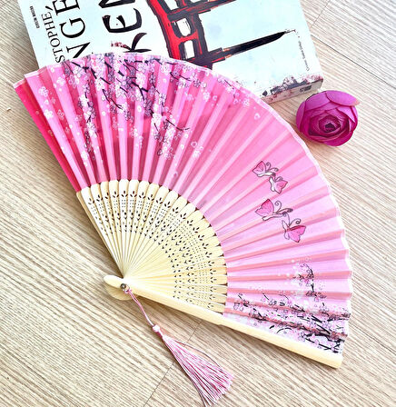 Yelpaze Pembe Beyaz  Bambu Kumaş