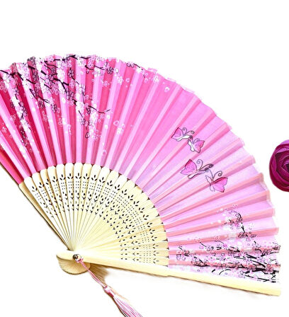 Yelpaze Pembe Beyaz  Bambu Kumaş