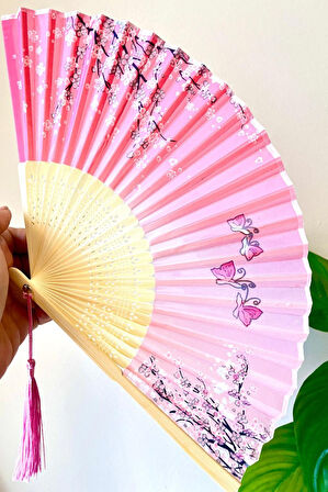 Yelpaze Pembe Beyaz  Bambu Kumaş