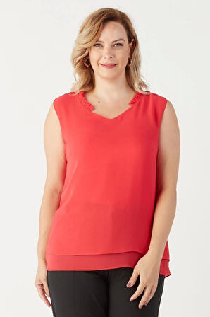 3241 Yaka Fırfırlı Kolsuz Büyük Beden Şık Bluz Mürdüm