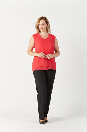 3241 Yaka Fırfırlı Kolsuz Büyük Beden Şık Bluz Mürdüm