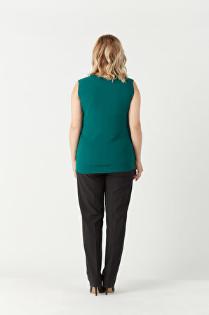 3241 Yaka Fırfırlı Kolsuz Büyük Beden Şık Bluz Petrol