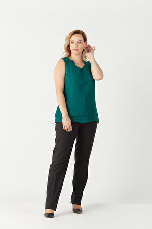 3241 Yaka Fırfırlı Kolsuz Büyük Beden Şık Bluz Petrol