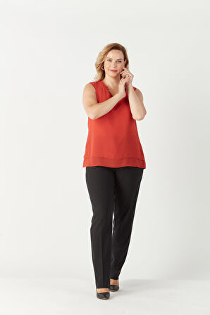 3241 Yaka Fırfırlı Kolsuz Büyük Beden Şık Bluz Tarçın