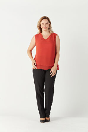 3241 Yaka Fırfırlı Kolsuz Büyük Beden Şık Bluz Tarçın