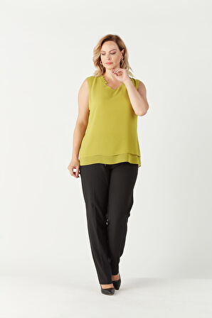 3241 Yaka Fırfırlı Kolsuz Büyük Beden Şık Bluz Yağ Yeşili