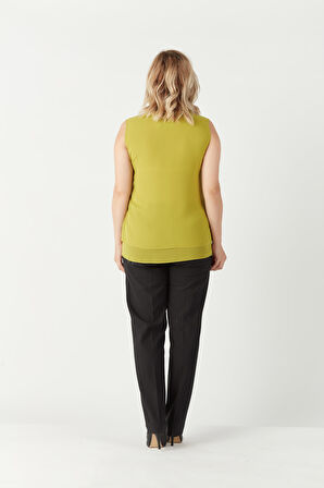 3241 Yaka Fırfırlı Kolsuz Büyük Beden Şık Bluz Yağ Yeşili