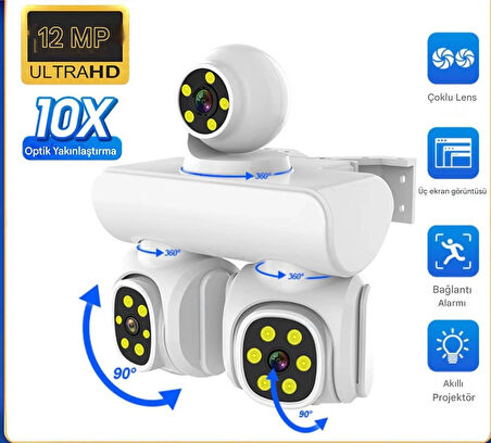 12MP 10X ZOOM Üç Lensli WIFI Güvenlik  Kamerası PTZ Su Geçirmez İki Yönlü İnterkom Hareket Sensörlü 