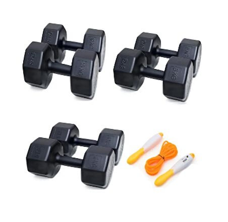 PS SPOR 3 ÇİFT DAMBIL SET   6 KG + 8 KG + 10 KG + SAYAÇLI ATLAMA İPİ