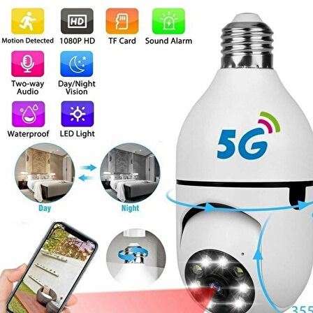 Hafıza Kartı Hediyeli Wifi 360 Panoramik Ampul Kamera Güvenlik Kamerası Çift Wifi 360 Derece Gece Görüşlü